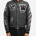 Off White Black Leather Varsity Jacket